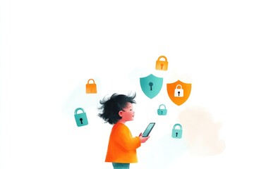 bright colorful illustration of child interacting with various digital devices while baby locks shields and encryption