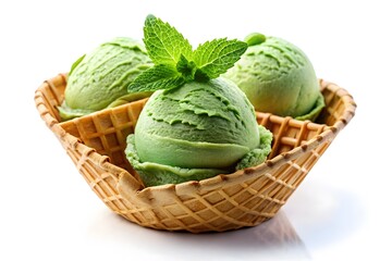 Green mint ice cream in a bowl with a scoop