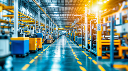 Modern industrial manufacturing facility with organized production line. Clean blue floor with yellow safety markings and equipment. Empty factory aisle with machinery, conveyors, and storage units.