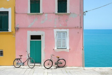 This image captures a vibrant coastal scene featuring elegant pastel buildings with rustic charm and two bicycles, set against the backdrop of a serene blue sea.