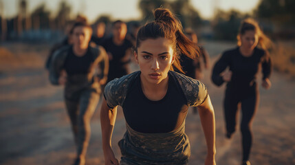 Group of women running energetically during a bootcamp workout  