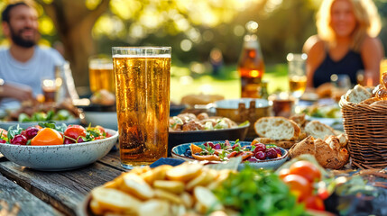 Golden beer pint on wooden table with fresh salads, bread, vegetables, and appetizers during outdoor summer dinner party. Blurred friends enjoying alfresco meal in sunny garden setting with refreshing