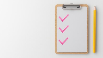 Blank Checklist with Pink Markings and Yellow Pencil on White Surface