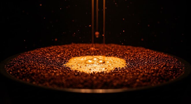 Golden liquid being poured onto a surface covered in tiny brown particles on a black background