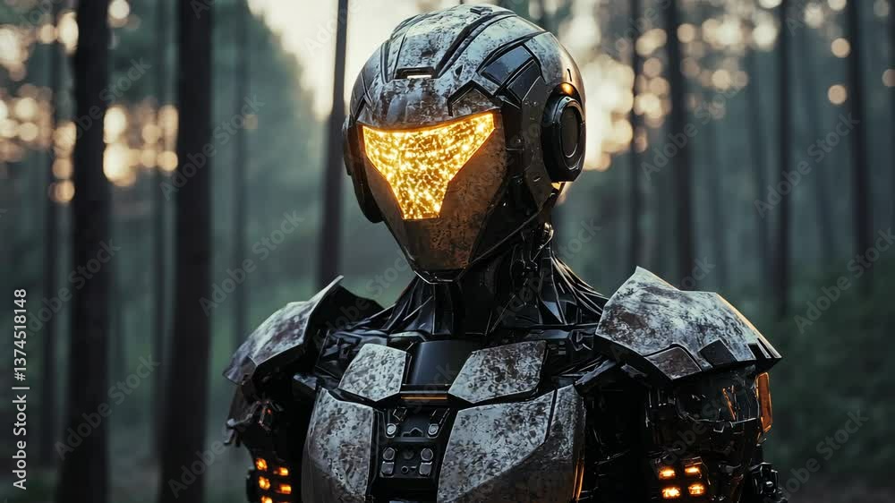 Aufkleber Futuristic robot with glowing faceplate in forest, symbolizing technology in nature