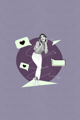 Trend image vertical photo collage of excited girl dance bubble like notification listen music headphones meloman social media