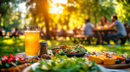 Outdoor dinner with beer glass, fresh salad, and food on wooden table during golden sunset. Alfresco meal in garden with bokeh background. Summer evening gathering with friends, healthy organic