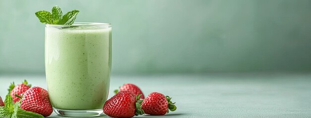 Refreshing green smoothie with fresh strawberries and mint served on a light green background in a stylish glass