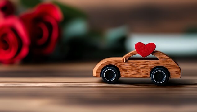 A charming wooden car model with a red heart symbolizing love, placed on a wooden surface beside beautiful roses, embodying affection and romantic moments. - Powered by Adobe