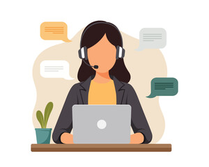 Office operator with headset talking with clients. Customer service, call center, hotline, customer support department staff concept.