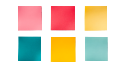 Colored paper sheets collection on dark background, cut out transparent