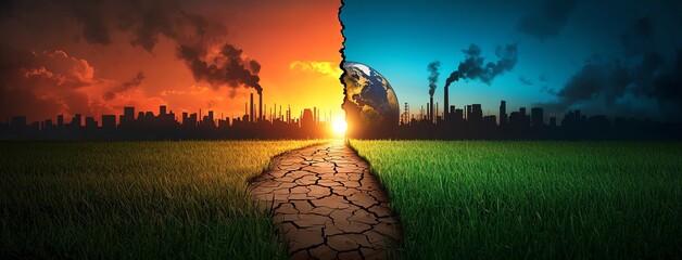 A striking visual juxtaposition of a polluted cityscape against a vibrant, green landscape, symbolizing the urgent need for environmental awareness and sustainability.