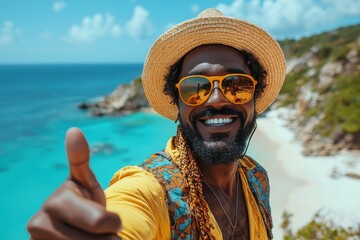 Man enjoying a selfie by the beach on a sunny summer day