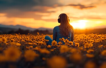 A serene moment captured in nature, a girl enjoying the tranquility of a sunset while listening to music in a vibrant field of flowers, embodying peace and relaxation.