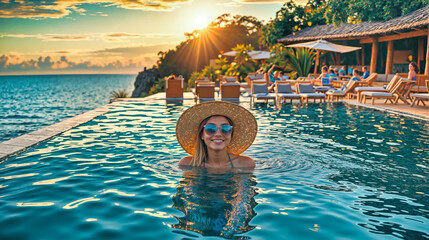 Luxury infinity pool overlooking ocean at sunset with woman in wide brimmed sunhat and sunglasses enjoying tropical paradise resort. Turquoise water meets horizon while golden sunlight bathes