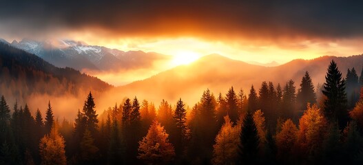 Fototapeta premium A serene landscape featuring a breathtaking sunset over a forest, with vibrant colors reflecting off the clouds, creating a tranquil and picturesque natural scene.