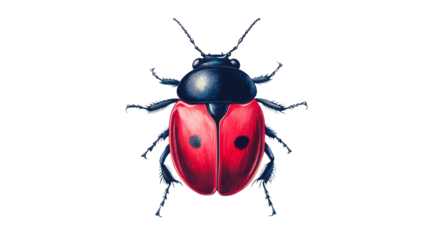 Ladybug illustration with red wings on black background, cut out transparent