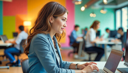 Professional woman in light blue blazer working on laptop in vibrant coworking space with colorful walls. Modern office environment with blurred colleagues in background. Digital workspace focus