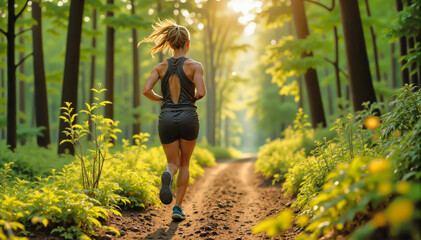 Athletic woman in black racerback outfit running on forest trail during golden sunrise. Sunbeams filter through trees as female jogger exercises on dirt path surrounded by vibrant green foliage