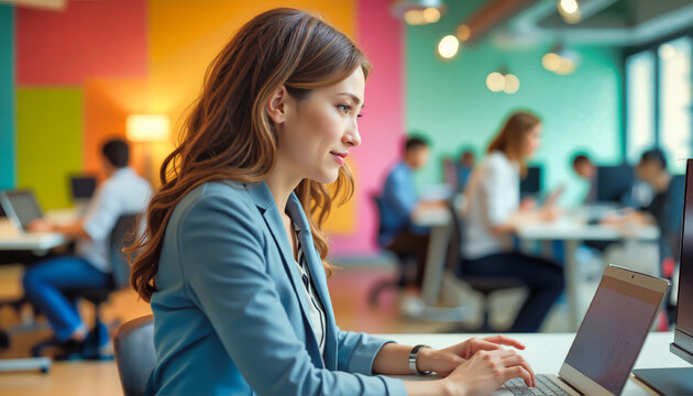 Professional woman in light blue blazer working on laptop in vibrant coworking space with colorful walls. Modern office environment with blurred colleagues in background. Digital workspace focus