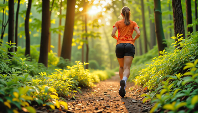 Female runner in bright orange shirt and black shorts jogging on forest trail with golden sunlight streaming through trees. Athletic woman exercising on dirt path surrounded by lush green foliage