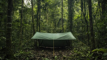 Simple tarp shelter nestled within dense rainforest canopy. Lush greenery surrounds a basic camping setup