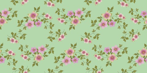 This seamless pattern features delicate pink flowers with green leaves on a green  pastel background. The elegant floral vines intertwine gracefully, creating a vintage, romantic, and timeless design