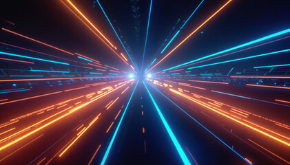 Fototapeta premium Neon blue and orange light streaks create futuristic tunnel effect with speed motion blur. Digital hyperspace vortex with glowing radial lines converging to bright central point. Abstract technology