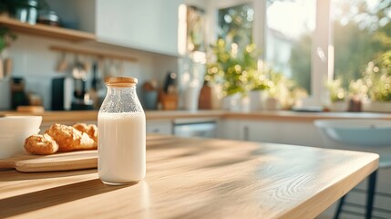 Freshness and Home Comfort Close-Up of Condensed Milk Bottle on Wooden Countertop in Cozy Kitchen