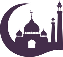 Elegant Black Silhouette PNG Vector Mosque Illustration with Crescent Moon for Islamic and Religious Designs