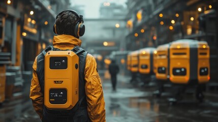 A logistics worker, dressed in a yellow jacket and headphones, moves through a busy warehouse hub filled with storage units amidst wet, gloomy weather.