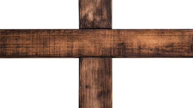 Wooden cross symbol against black background, cut out transparent