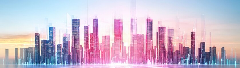 Futuristic city skyline glowing with business innovation urban workspace vibrant environment aerial view