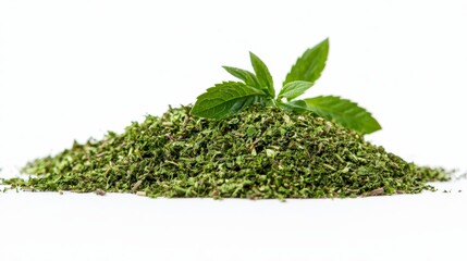 Freshly harvested pile of aromatic mint leaves displayed on a clean white background for culinary and decorative use