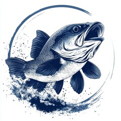 Large bass fish leaping out of water with splashes in a creative design showing motion and energy