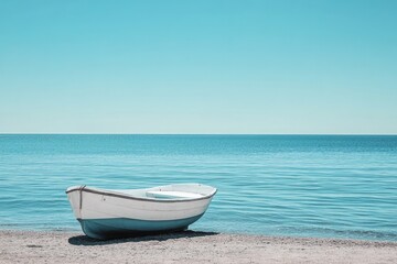 Naklejka premium A beautiful white boat rests quietly on the shoreline, surrounded by crystal-clear turquoise waters, evoking a sense of serenity and relaxation in a coastal paradise.