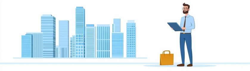 Futuristic business professional reviewing crm analytics in a glowing city skyline environment