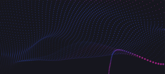 Abstract background with dynamic colorful wave. Futuristic dotted wave of bright particles. Dark background. Colorful background for presentation design. Wide format vector illustration. Interweaving 