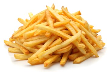 Closeup of crispy french fries on a white background