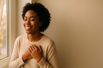A Black woman with closed eyes smiles peacefully, her hands gently resting on her chest. Bathed in soft light from a nearby window, she embodies serenity