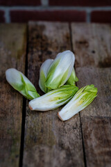 Raw organic Belgian endive ready to use on wooden table