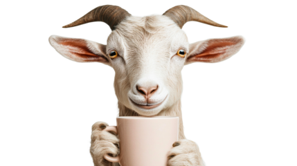 Goat holding a mug of coffee, front view, isolated on black, cut out transparent