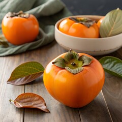Ripe persimmons on a wooden table