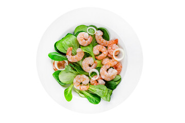 Shrimp salad seafood vegetables dish fresh delicious gourmet food background on table rustic food top view copy space keto and paleo diet vegetarian food pescetarian diet