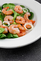 Shrimp salad seafood vegetables dish fresh delicious gourmet food background on table rustic food top view copy space keto and paleo diet vegetarian food pescetarian diet