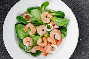Shrimp salad seafood vegetables dish fresh delicious gourmet food background on table rustic food top view copy space keto and paleo diet vegetarian food pescetarian diet