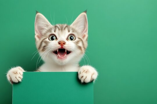 Isolated baby cat on a solid clothing green background. Critter holding message. Pet ad layout. Ad photo with creature. Ð¡ute cat snowshoe hold in front paws a layout - large green avenue sign.