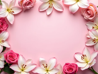 Romantic Floral Frame on Soft Pink Background with Roses, Lilies & Orchids – Ideal for Weddings, Love Celebrations & Gift Designs