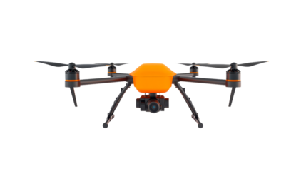 Orange drone for flight, aerial view, quadcopter aircraft, cut out transparent