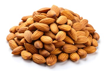 Close-up of raw almonds on a white background, showcasing a natural and healthy snack